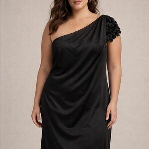 St. John Black One-Shoulder Dress with Floral Detail